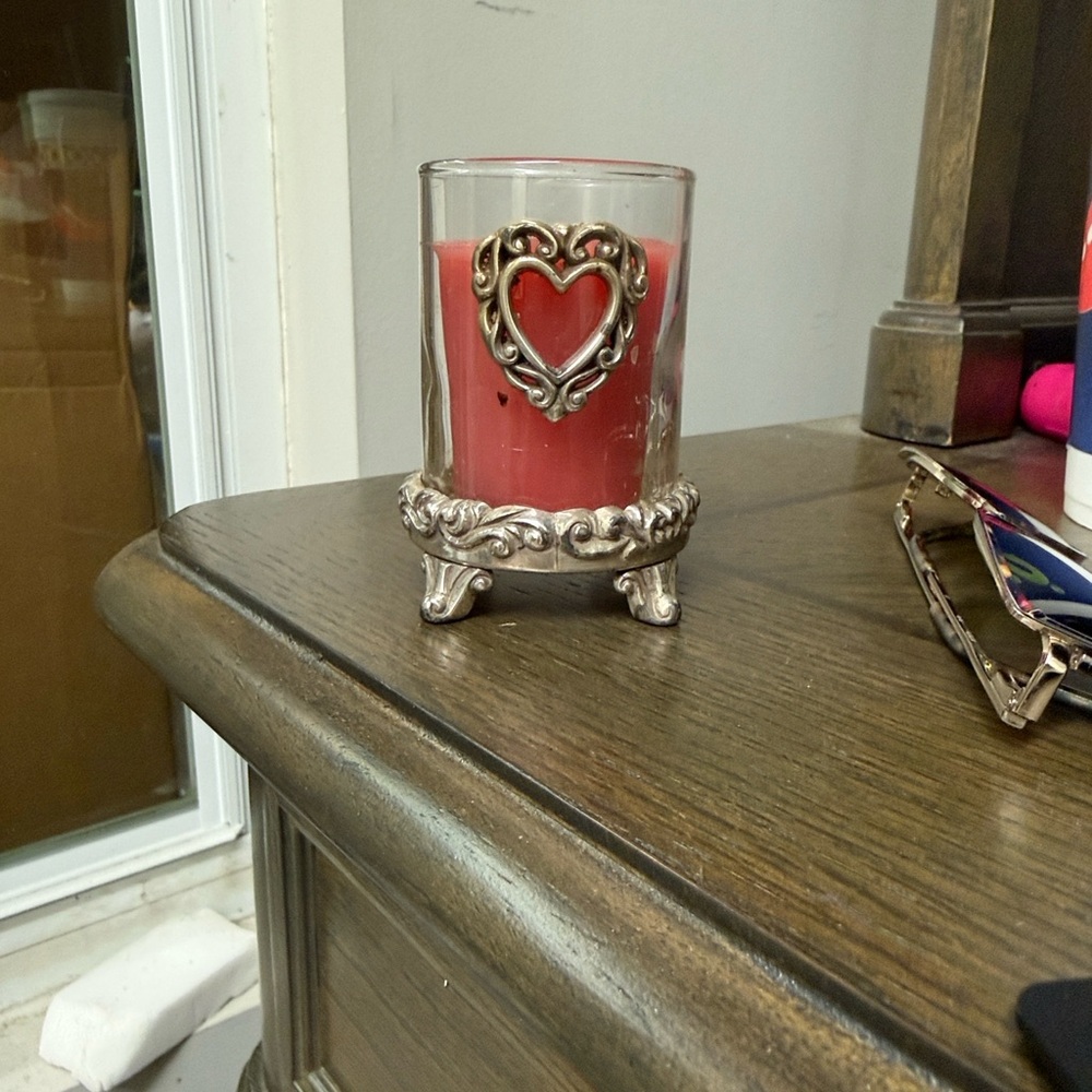 Brighton Red Heart Glass Candle Votive with Silver-Tone Filigree